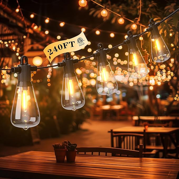 FOOMAN LED Outdoor String Lights, 240FT Outside Waterproof Patio Lights with 120+4 Shatterproof ST38 Edison Bulbs, 2700K Warm White Hanging Light, Dimmable Light for Backyard Garden Bistro Party Cafe-VerdiqueGarden