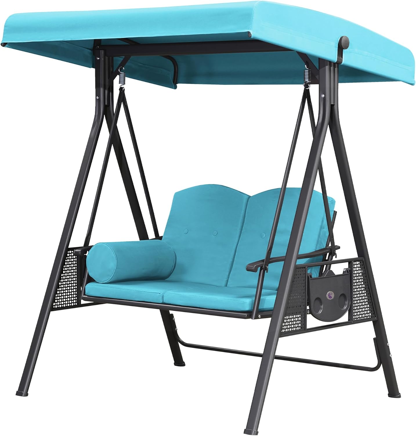 PURPLE LEAF Outdoor Patio Porch Swing with Stand, 2-seat Swing Chair with Adjustable Tilt Canopy All-Weather Steel Frame for Backyard Front Porch Lawn, Cushions and Pillow Included, Turquoise Blue-VerdiqueGarden