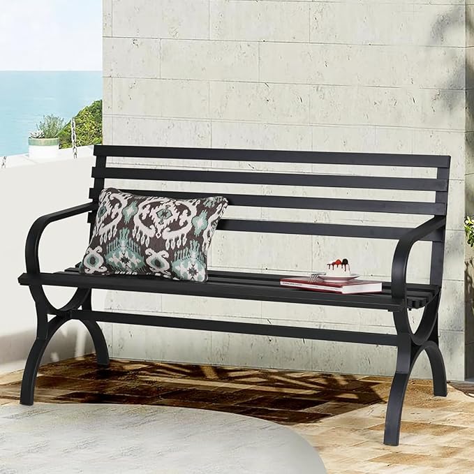 PHI VILLA Outdoor Garden Bench, 48” Long Metal Steel Bench with Backrest and Armrests, Modern Slatted Design for Patio, Lawn, Yard, Porch - Black-VerdiqueGarden