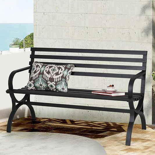 PHI VILLA Outdoor Garden Bench, 48” Long Metal Steel Bench with Backrest and Armrests, Modern Slatted Design for Patio, Lawn, Yard, Porch - Black-VerdiqueGarden