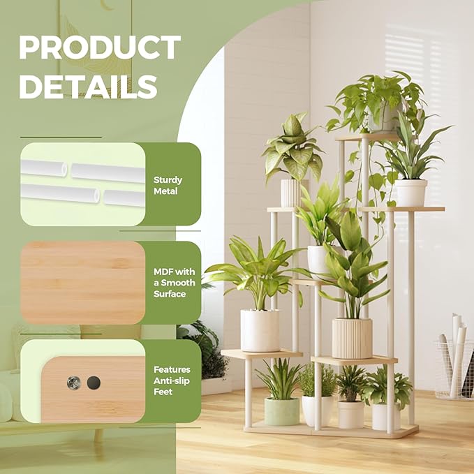 Bamworld 7 Tier Plant Stand Indoor, Large Metal Plant Shelf for Multiple Plants, Tall Tiered Flower Stand for Patio Garden Balcony Living Room Bedroom(White)-VerdiqueGarden
