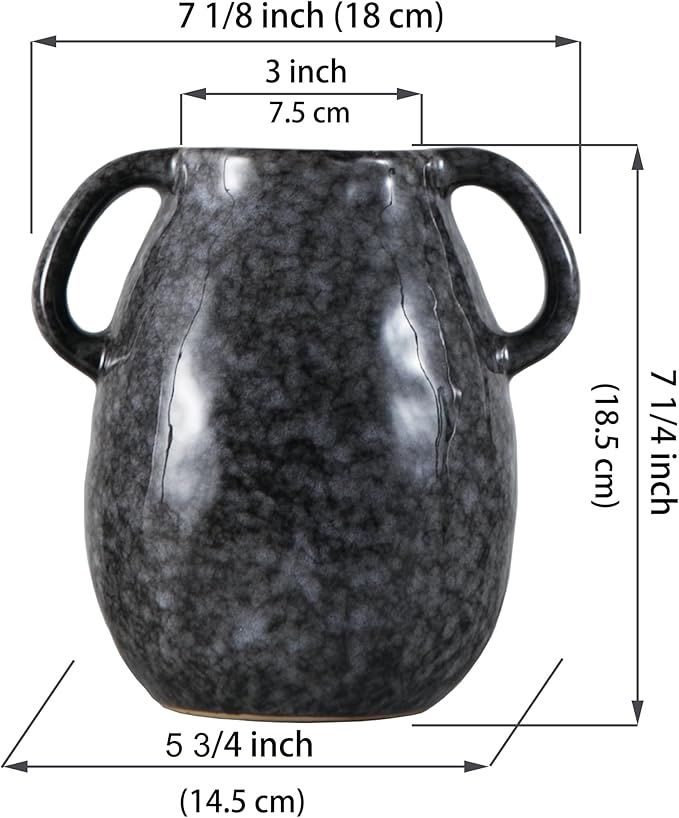 Ceramic Modern Farmhouse Vase with 2 Handles, Black Ceramic Vases for Home Decor, Rustic Pottery Vase, Decorative Terracotta Flower Vase, Boho Clay Vase for Table Living Room Shelf Mantel Decor-VerdiqueGarden
