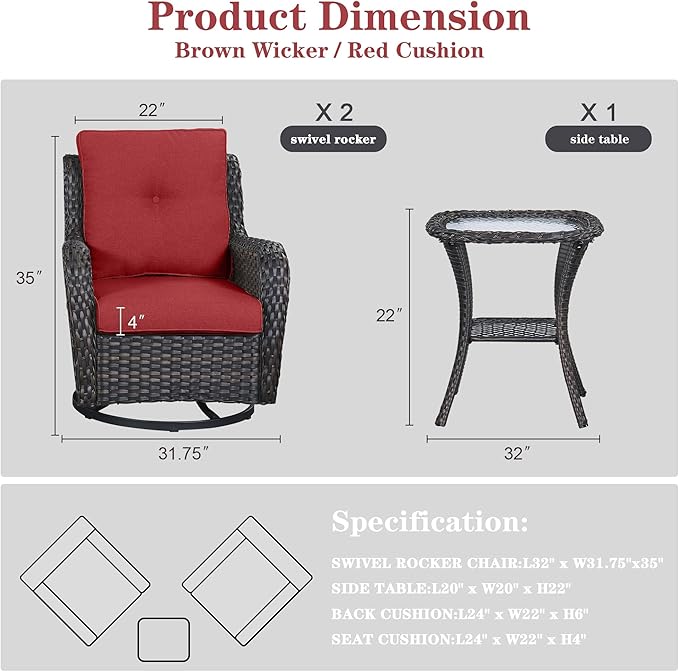 Outdoor Swivel Rocker Patio Chairs - 3 Piece Outdoor Bistro Set Wicker Patio Rocking Chairs Set of 2 with Side Table, 360 Degree Swivel Glider Seating for Porch Balcony Deck Brown/Red-VerdiqueGarden
