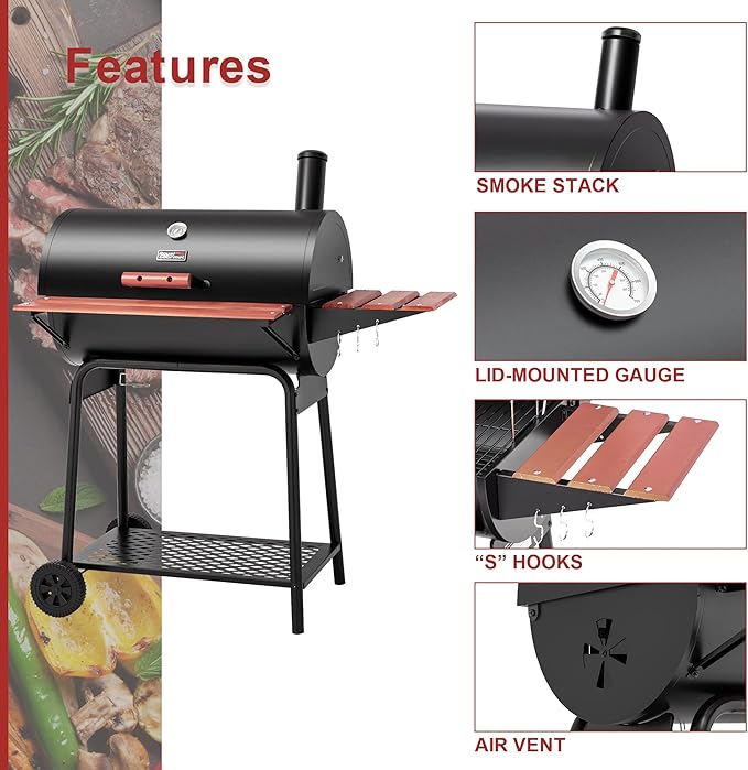 Royal Gourmet CC1830V 30 Barrel Charcoal Grill with Wood-Painted Side Front Table, 627 Square Inches Cooking Space, for Outdoor Backyard, Patio and Parties, Black-VerdiqueGarden