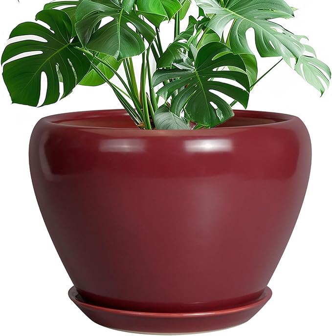 10 Inch Plant Pot - Ceramic Planter Pot with Drainage Hole and Saucer Large Planter for Indoor Plants Round Outdoor Flower Pot Mid-Century Decor Red-VerdiqueGarden