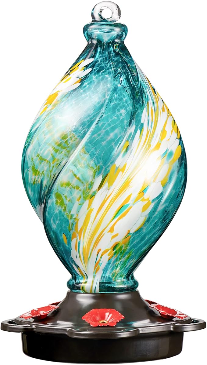 LUJII Ice Cream Shaped Spiral Hummingbird Feeder for Outdoors Hanging, Hand Blown Glass, 28 fl.oz, Leak Proof & Rustproof, Includes an Ant Moat with Hook, Unique & Stylish Glass Art & Decor (Teal)-VerdiqueGarden
