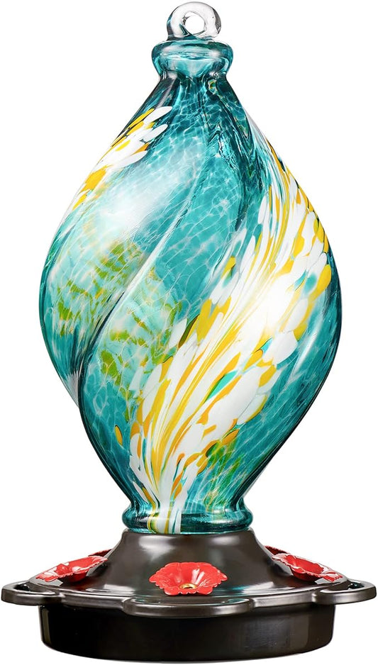 LUJII Ice Cream Shaped Spiral Hummingbird Feeder for Outdoors Hanging, Hand Blown Glass, 28 fl.oz, Leak Proof & Rustproof, Includes an Ant Moat with Hook, Unique & Stylish Glass Art & Decor (Teal)-VerdiqueGarden