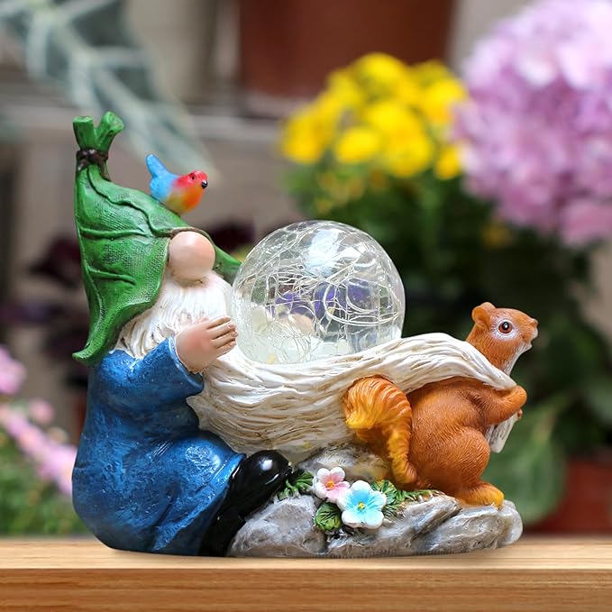 Garden Gnomes Statue Outdoor Decor,Solar Gnome Statue for Outside -Resin Blue Gnome Yard Art Gifts for Mom,Grandmam Birthday Gift-VerdiqueGarden