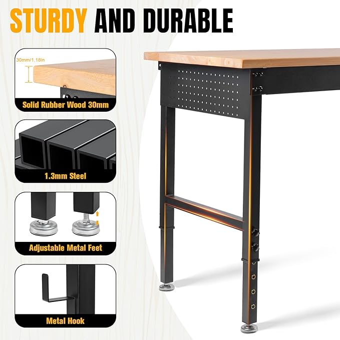 48" L×24”W Adjustable Workbench, 28”-40”Heights Heavy Duty Table 2000 LBS Load Capacity, Work Bench with Power Outlet & Pegboard, Rubber Wood Work Table for Garage, Office, Workshop, Home-VerdiqueGarden