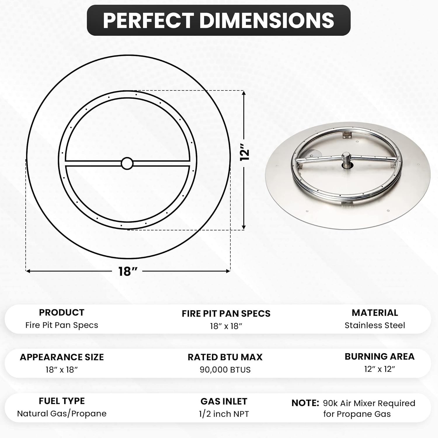 Stainless Steel Fire Pit Burner Pan & Ring, Works with Liquid Propane or Natural Gas, 18-Inch Pan, 12-Inch Ring, 90,000 BTU Max-VerdiqueGarden