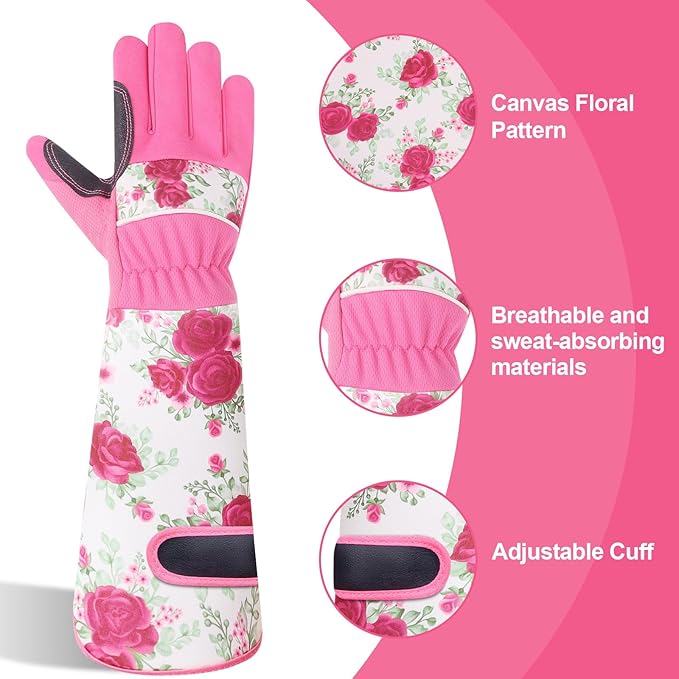 DLY Gardening Gloves for Women, Rose Gloves Gardening Thorn Proof, Long Garden Gloves for Women, Breathable & Durable Leather Gauntlet(Medium, Rose Red)-VerdiqueGarden