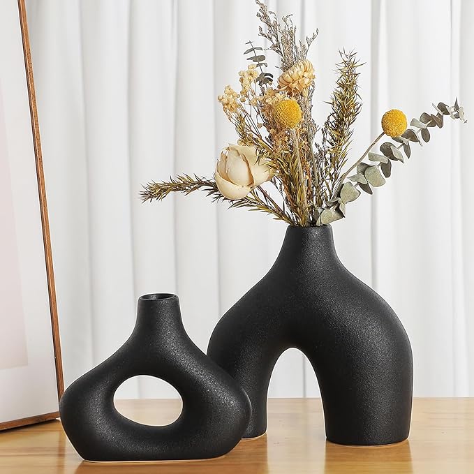 CEMABT Black Ceramic Vase Set of 2 for Modern Minimalist Bohemian Decor，Round Matte Donut Vases for Pampas Grass-Perfect for Living Room, Dining Table, Office Bedroom Shelf Decor Entryway, Console-VerdiqueGarden
