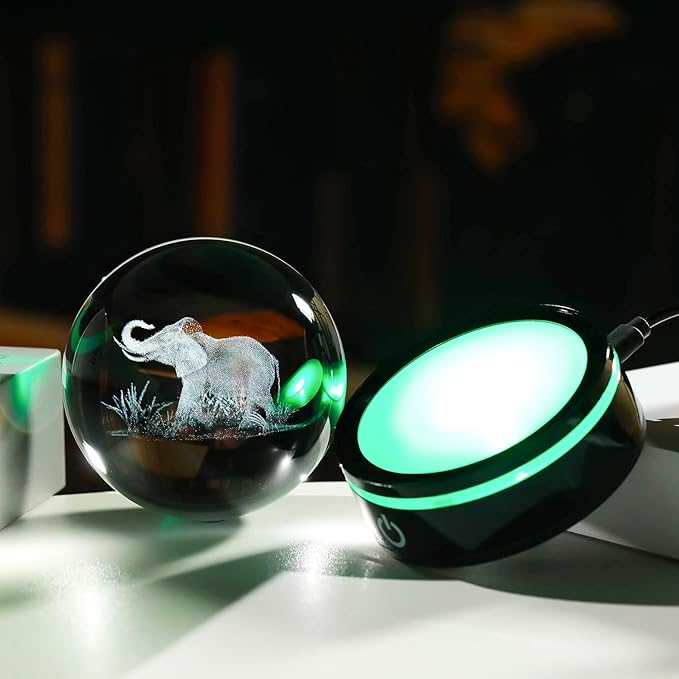 YWHL 3D Elephant Figurine Crystal Ball with Colorful Light Base, Elephant Gift for Women and Men on Christmas or Birthday, 3D Laser Engraved Full Sphere Glass Decorative Ball for Home or Office (80mm)-VerdiqueGarden