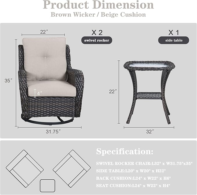 Patio Furniture Set Swivel Rcoker - 3 Pieces Outdoor Glider Rocking Chairs with Small Side Table, Wicker Chair Sets for Porch, Balcony and Garden-VerdiqueGarden