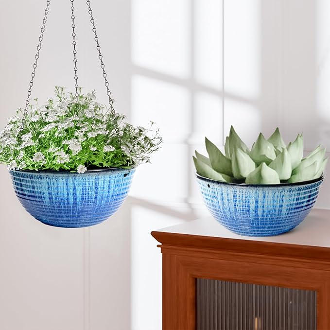 10in Hanging Planters for Indoor and Outdoor Plants, 2 Pack Hanging Planter with Drainage Hole, Round Hanging Flower Pots for Garden Home Decor (Blue Glaze)-VerdiqueGarden