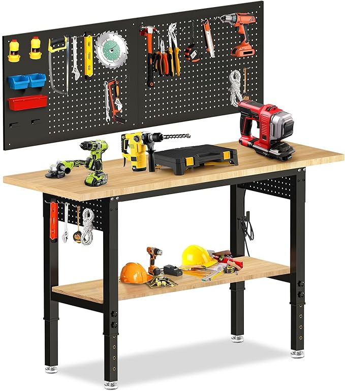 Adjustable Height Workbench, Heavy Duty Table Rubber Wood Workstation with Power Outlet & Pegboard for Garage, Office, Workshop, Home,Commercial (60"×22"|Shelf)-VerdiqueGarden