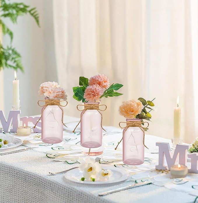 Vintage Glass Flower Vase，12 Pack Pink Farmhouse Glass Centerpiece Vases Mason Jars for Weddings, Parties & Home Decor Bulk (12, Pink)-VerdiqueGarden