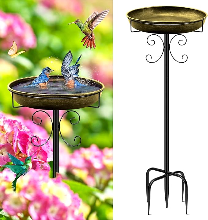 Daoeny 35In Metal Bird Bath for Outside, Vintage Bird Bath Bowl, Detachable Birdbath & Birdfeeder with 5 Prongs Base Stake, Bird Baths for Outdoors Garden Yard Lawn Decor (Antique Golden)-VerdiqueGarden