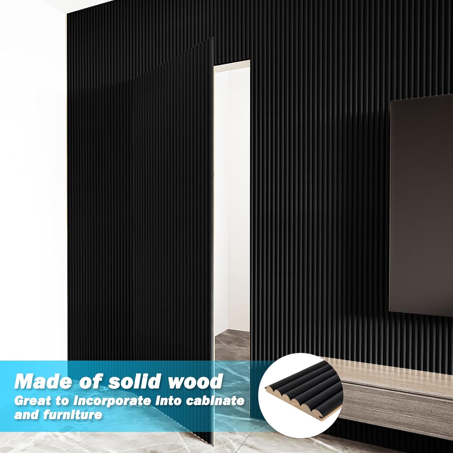 Art3d Fluted Wood Panel for Wall and Ceiling, Beaded Accent molding for Home Decoration, Pack of 4pcs + 1pc End-Trim, Size 108 x 5.7in.- Beaded Black-VerdiqueGarden