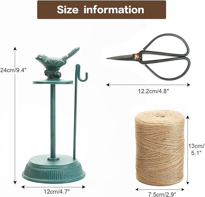 Sungmor Cast Iron Garden Twine Holder Set - 1300ft. Natural Jute Twine String & Rope Rack & Scissors - Decorative & Practical Home Arts Crafts Tools for Picture Display Gift Wrapping Packing Gardening-VerdiqueGarden