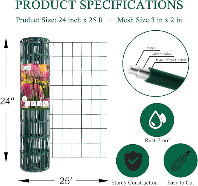 Green PVC Coated Welded Wire Fence 24 Inch x 25 Foot, 2 Inch x 3 Inch 16GA, Garden Border Fencing Roll Vinyl Coating Metal Wire Mesh for Yard Vegetable Plant Protection Poultry Netting-VerdiqueGarden