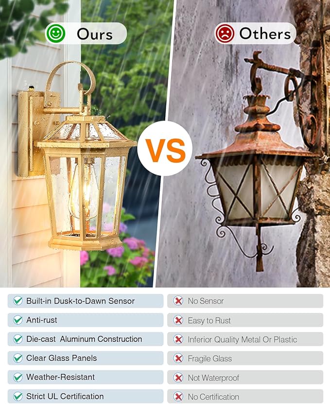VIANIS Outdoor Porch Lights Wall Mount, Dusk to Dawn Exterior Light Fixture for House, 100% Anti-Rust Aluminum Waterproof Porch Light Outside Wall Lights, Gold Wall Sconce Lanterns for Garage-VerdiqueGarden