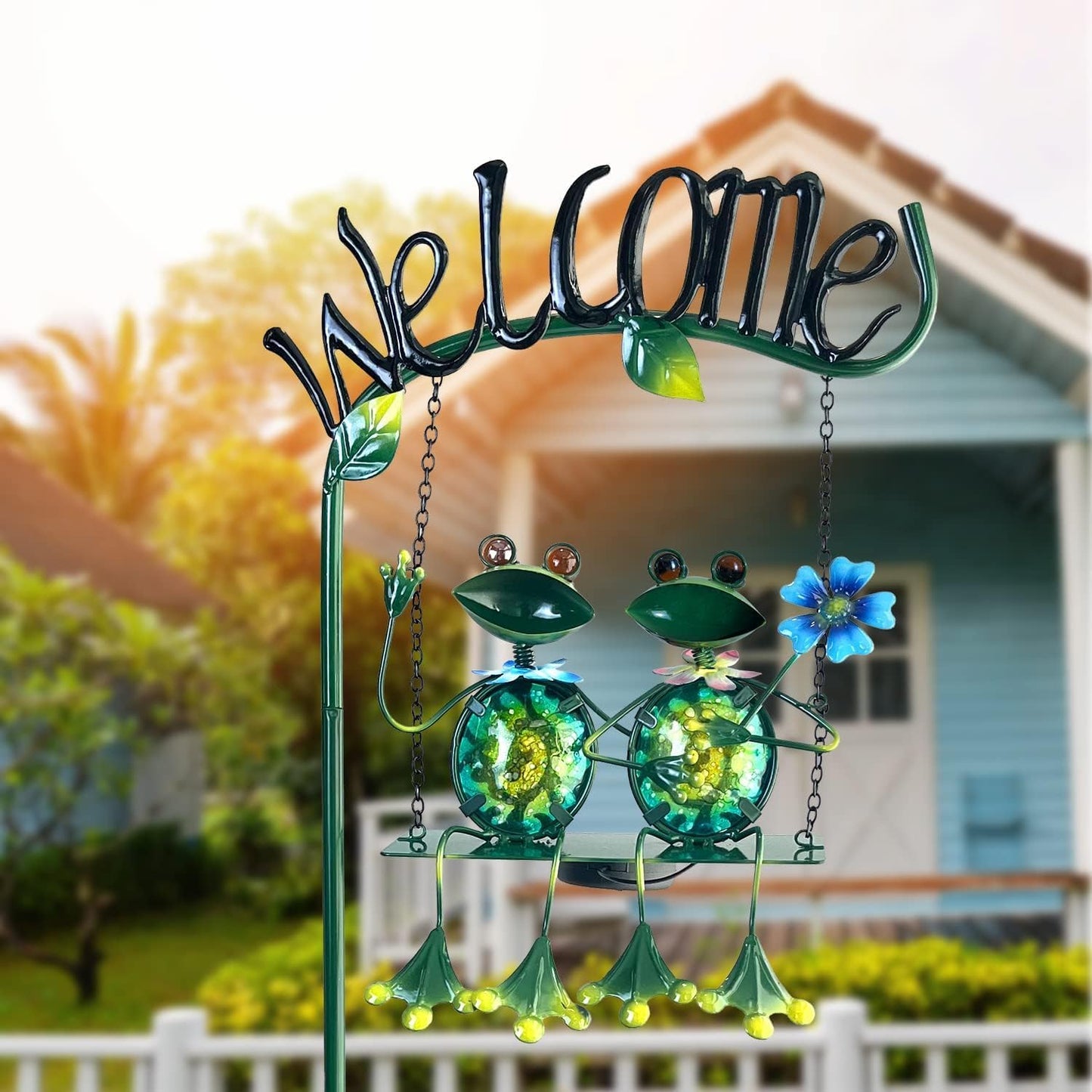 HONGLAND Outdoor Garden Solar Lights,Frog Swing Garden Decor,Frog Decorative Stake with Welcome Sign for Landscape Patio Yard (48 inch)-VerdiqueGarden