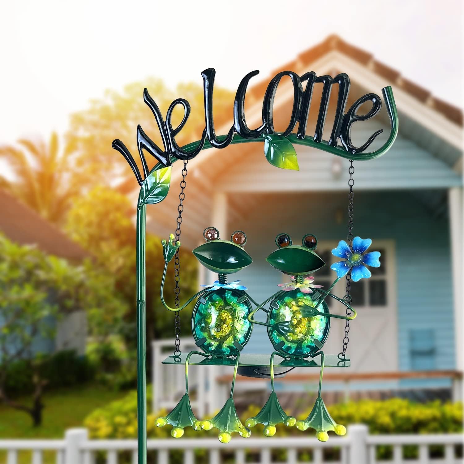HONGLAND Outdoor Garden Solar Lights,Frog Swing Garden Decor,Frog Decorative Stake with Welcome Sign for Landscape Patio Yard (48 inch)-VerdiqueGarden