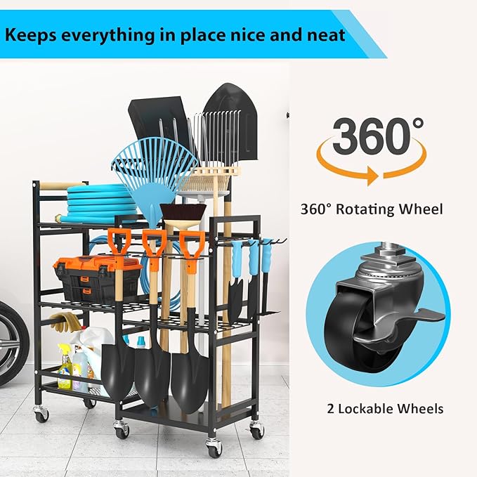 NADAMOO Garden Tool Organizer with Rolling Wheel, 3-tier Metal Shelf Yard Tool Holder, Utility Stand Rack for Garage Organization and Storage, Hold Long-Handled Rakes, Shovel, Broom-VerdiqueGarden