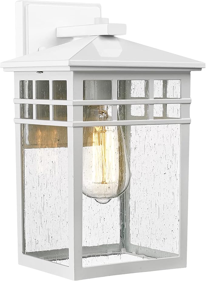 Outdoor Light Fixture Wall Mount, Rustic Exterior Lights Fixture Wall Sconces with Seeded Glass for Front Porch, Waterproof Outdoor Lantern in White Finish for Home, Garage, Barn, Storefront-VerdiqueGarden