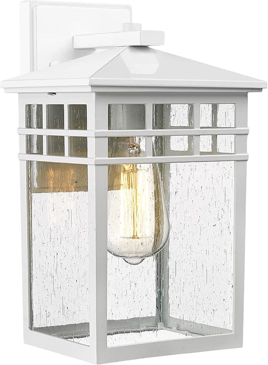 Outdoor Light Fixture Wall Mount, Rustic Exterior Lights Fixture Wall Sconces with Seeded Glass for Front Porch, Waterproof Outdoor Lantern in White Finish for Home, Garage, Barn, Storefront-VerdiqueGarden