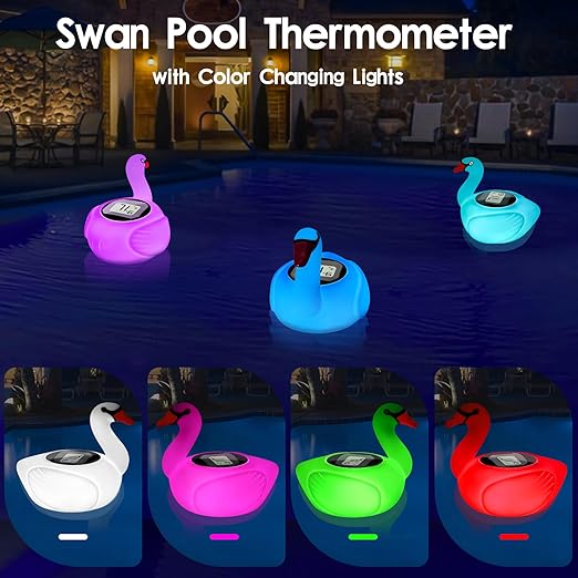 KingSom Digital Pool Thermometer,Solar Pool Thermometer Floating Easy Read with Color Changing Swan Light,Floating Pool Thermometer with Large LCD Screen and String,Pond Water Temperature Thermometer-VerdiqueGarden