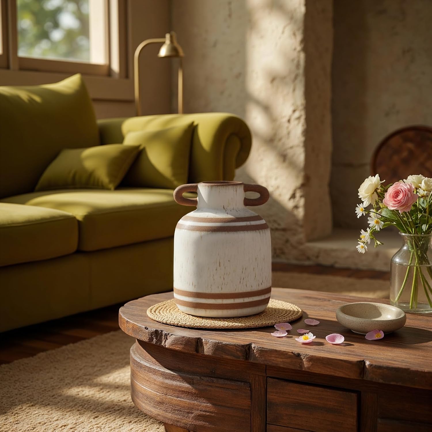 Rustic Farmhouse Ceramic Vase, Pastoral with 2 Ear Design, Boho Vintage Terracotta Vases for Bouquet、Fake Plants, Suitable for Home Decor, Shelf, Dining Table, Living Room, Mantle, Bathroom, 5.9 Inch-VerdiqueGarden