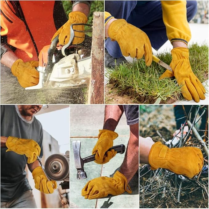 OZERO Leather Work Gloves Flex Grip Tough Cowhide Gardening Glove for Men and Women (Large, Gold With Mesh Linning)-VerdiqueGarden