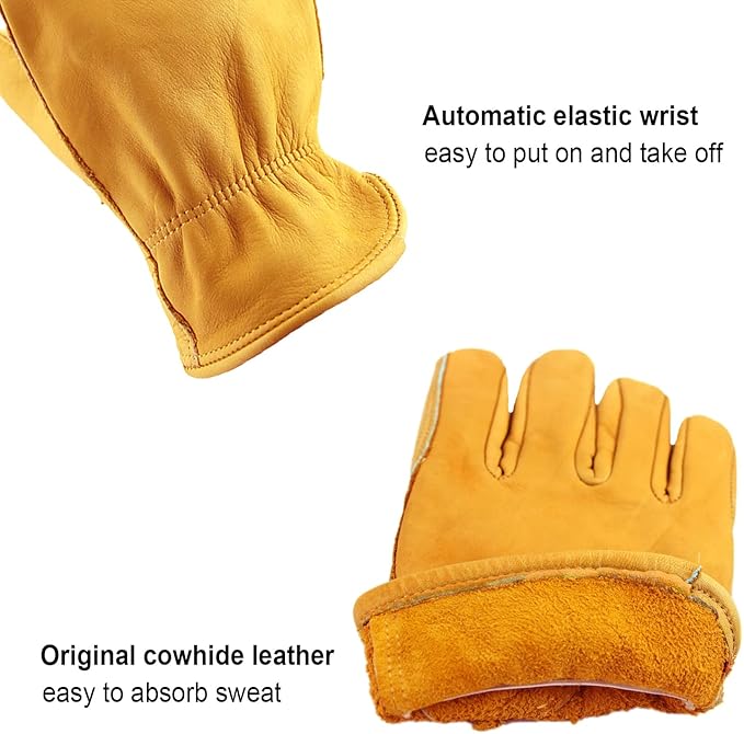 OZERO Leather Work Gloves: 3 Pairs Heavy Duty Work Glove Tough Cowhide Driver Gloves for Construction Gardening Yard Work Truck Driving Farming DIY Gold Medium-VerdiqueGarden