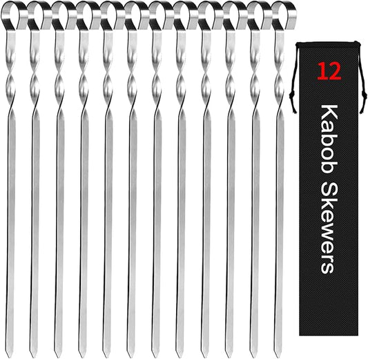 Kabob Skewers 14" Stainless Steel Long BBQ Barbecue Skewers, Flat Metal Kebob Sticks Wide Reusable Grilling Skewers for Meat Chicken, Set of 12pcs with Storage Bag by JY COOKMENT-VerdiqueGarden
