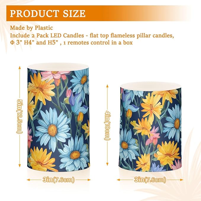 Flickering Flameless Candles, Daisy Flowers Botanical LED Candles with Remote Timer, Set of 2 Battery Operated Candle for Valentine Wedding Birthday-VerdiqueGarden