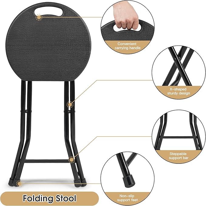 Folding Stool - 550lbs Capacity, Foldable Handle, Portable Heavy Duty, Outdoor/Indoor, 18 Inch Collapsible for Camping & Home (Set of 1, Black)-VerdiqueGarden