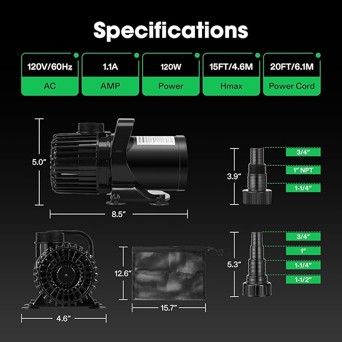 VIVOSUN 2700 GPH Submersible Water Pump with Barrier Bag, 120W Pond Pump, Ultra Quiet Aquarium Pump with 15FT. Lift Height for Pond, Waterfall, Fish Tank, Statuary, Hydroponic-VerdiqueGarden