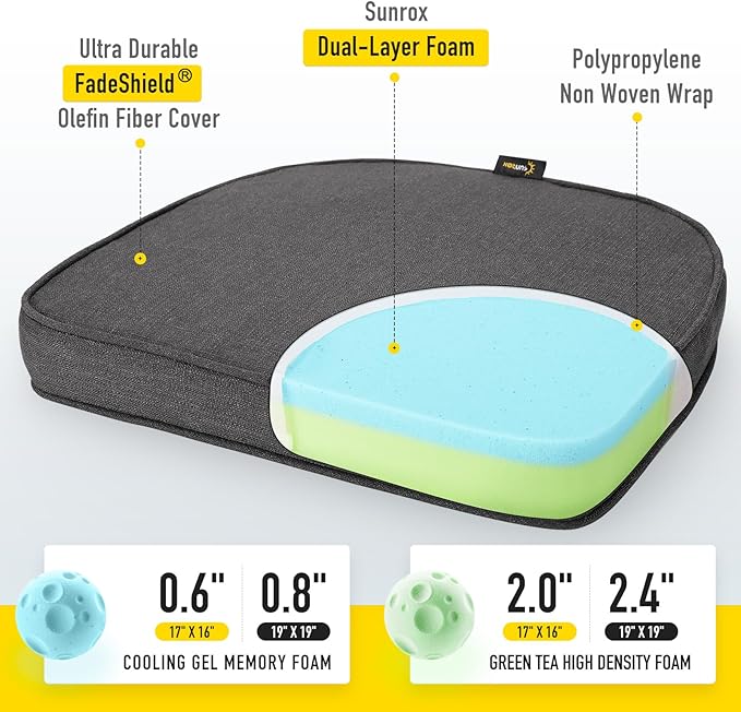 SUNROX Gel Memory Foam Chair Cushions, FadeShield Water-, Stain-Resistant Durable Reversible Seat Cushion Pads with Ties for Indoor/Outdoor Kitchen Dining Office 17"x16" Set of 6, Midnight-VerdiqueGarden