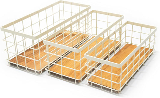 TIEYIPIN Farmhouse Decor Metal Wire Storage Baskets, Wood Base Containers Organizing Basket Caddy Bin for Kitchen Cabinets, Bathroom, Pantry, Garage, Laundry Room, Closets - Cream White (Set of 3)-VerdiqueGarden
