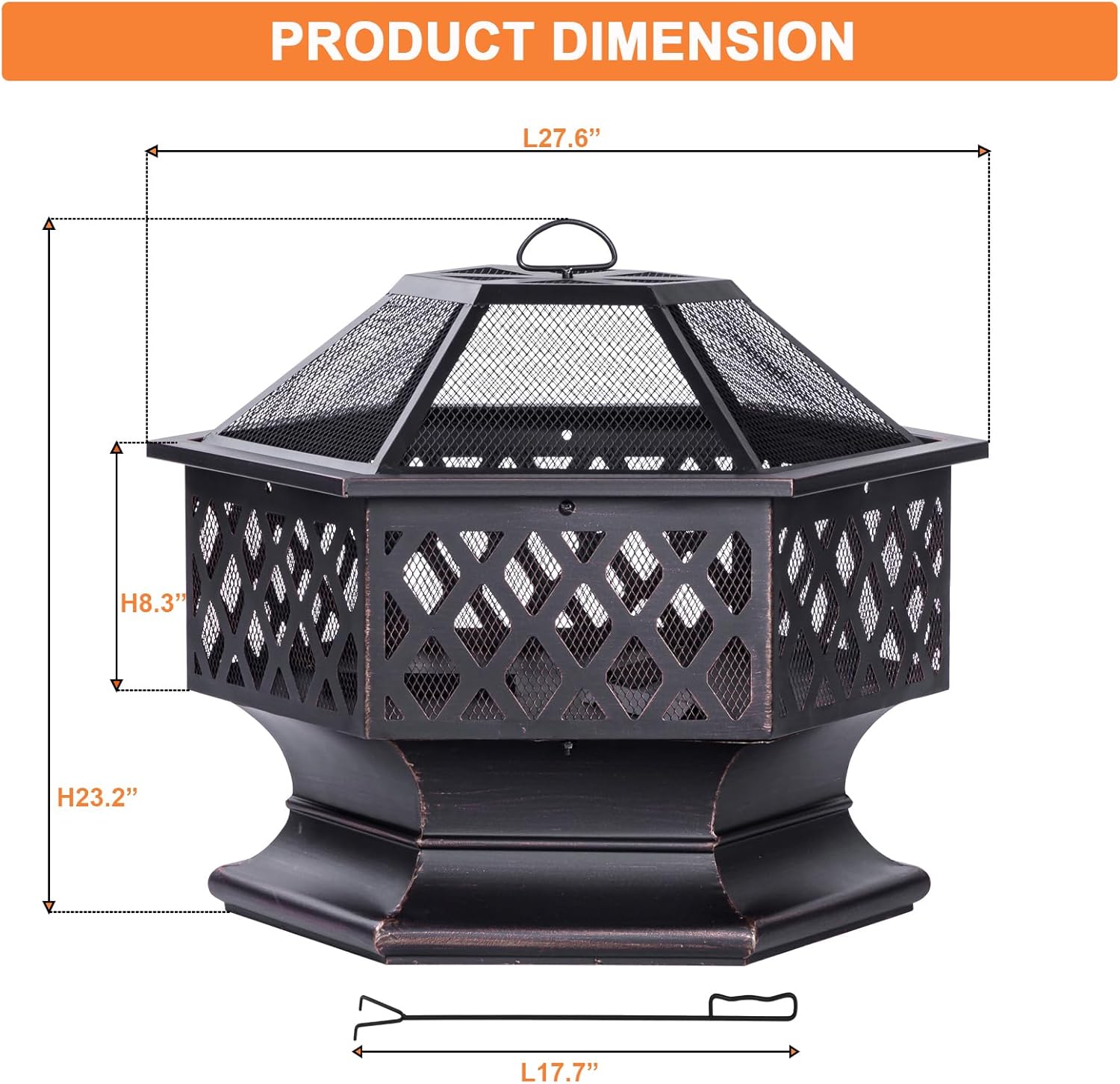 28Inch Outdoor Fire Pit, Hexagon Shaped Wood Burning Firepit for Outside Bonfire, Patio, Backyard and Camping (Antique Bronze)-VerdiqueGarden