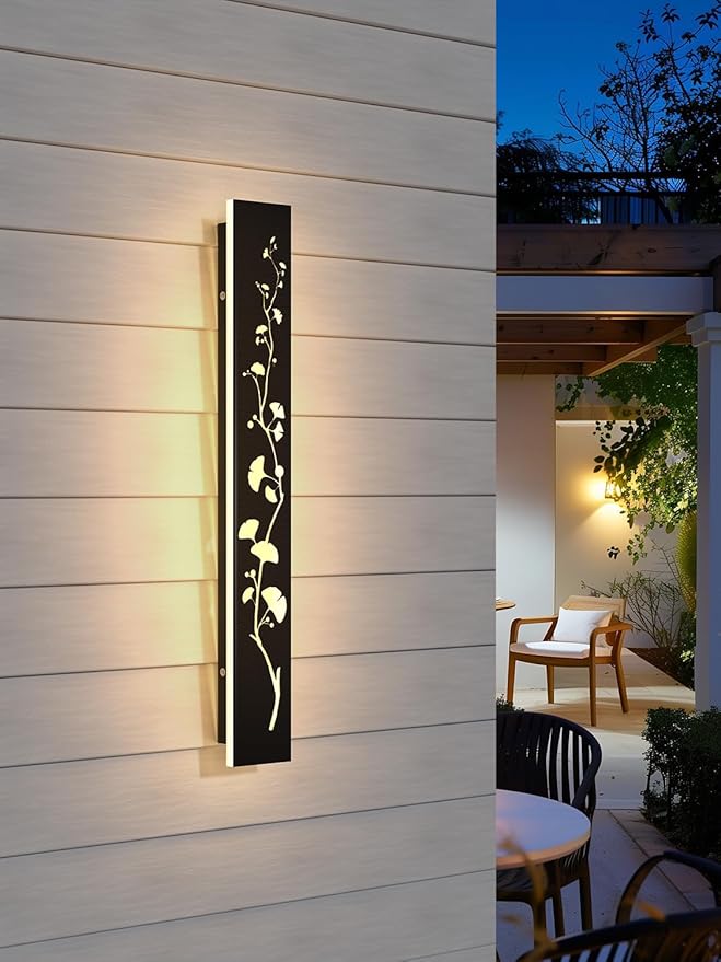 Modern Outdoor Wall Lights 23.6inch LED Long Wall Sconce 3000K Ginkgo Hollow Design Wall Mount Porch Lights 20W Exterior Lighting Fixtures for Patio Balcony Terrace Garden-VerdiqueGarden