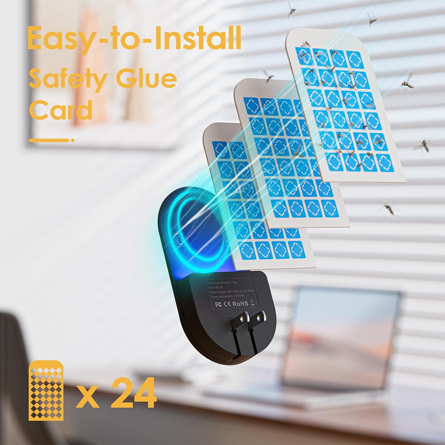 Flying Insect Trap, 2 in 1 Indoor Plug-in Fruit Fly Trap, 4 Trap Black and 24 Glue Cards, Fruit Fly Traps for Gnat, Moth, Mosquito, Suitable for Every Part of The Home-VerdiqueGarden