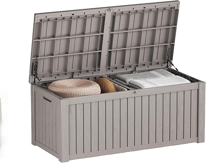 150 Gallon Resin Deck Box, Waterproof Outdoor Storage Bin for Patio Furniture, Pool Accessories, and Garden Tools, Lockable & UV-Resistant, Grey-VerdiqueGarden