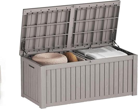 150 Gallon Resin Deck Box, Waterproof Outdoor Storage Bin for Patio Furniture, Pool Accessories, and Garden Tools, Lockable & UV-Resistant, Grey-VerdiqueGarden