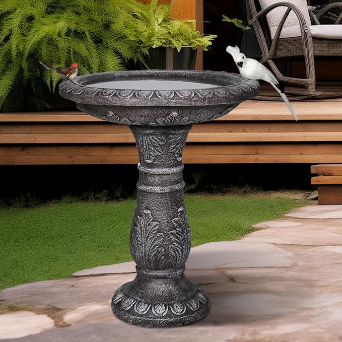 24.4" H Cement Bird Bath for Garden- Fibre Reinforced Concrete Bird Baths for Outdoors, Large Size Vintage Carved Pedestal Birdbath for Patio, Yard, Lawn -20”Dia. X 24.4”H Bird Fountain-VerdiqueGarden