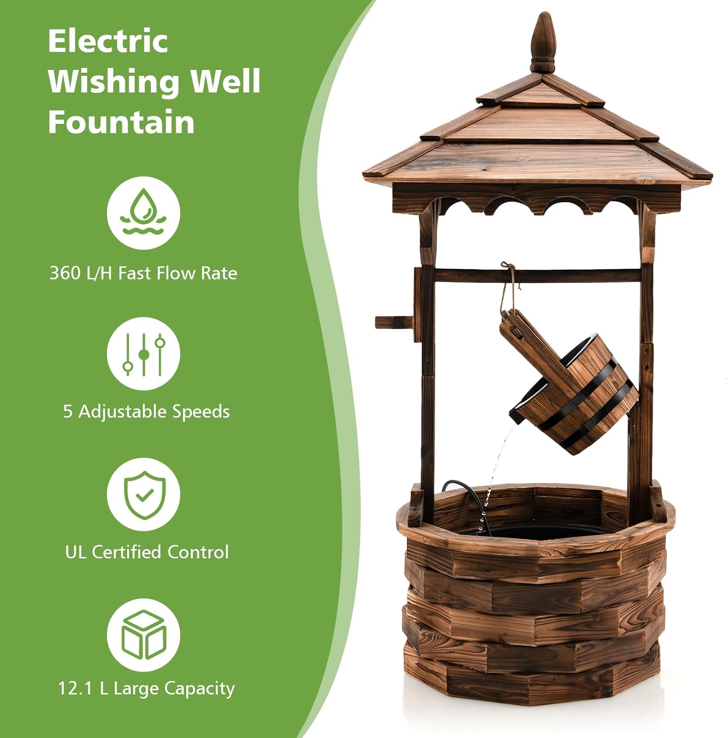 Tangkula Outdoor Wishing Well Water Fountain, Old-Fashioned Wood Waterfall Fountain w/Bucket Pump, Rustic Farmhouse Decoration for Garden, Backyard, 46 Inch Tall (22.5" x 22.5" x 48.5")-VerdiqueGarden