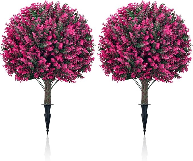 Artificial Topiary Tree with Pink Eucalyptus, Set of 2-17in UV Resistant Fake Evergreen Tree for Porch, Outdoor Artificial Plants for Planters - Ground Spike Included FZHCZWZX-VerdiqueGarden