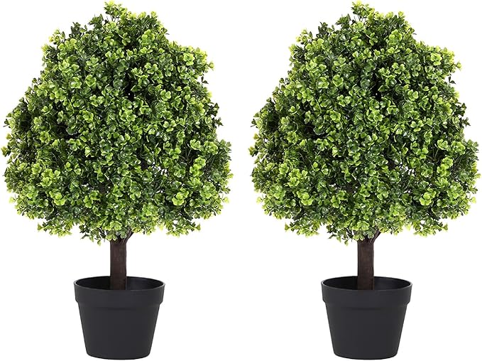 27“ Realistic Artificial Boxwood Topiary Trees Set of 2, Faux Boxwood Plants Outdoor UV-Resistant, No Maintenance Curb Appeal Fake Evergreen Bushes & Shrubs for Front Porch Outside Planter Decor-VerdiqueGarden